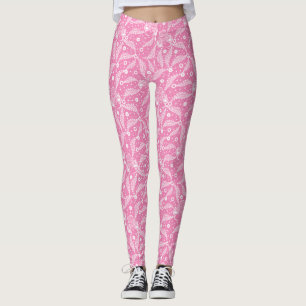 White floral lace on pink background leggings