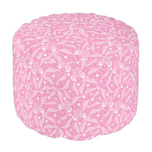 White floral lace on pink background pouf