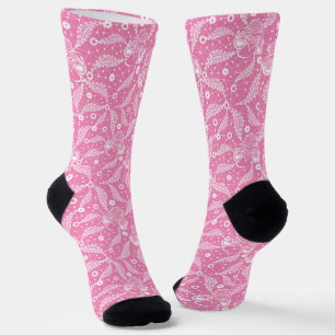White floral lace on pink background socks