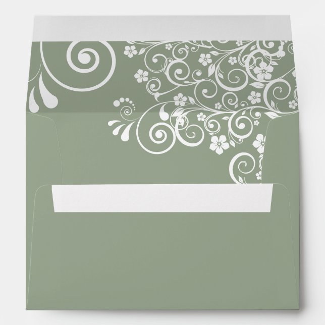 White Floral Lace on Sage Green Elegant Wedding Envelope (Back (Bottom))