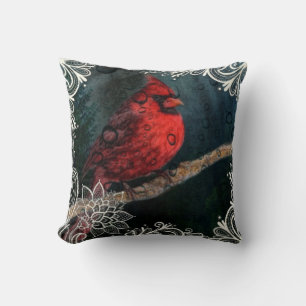 White floral lace Primitive Christmas Red Cardinal Throw Pillow