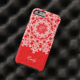 White Floral Lace Red Damasks Monogramed Tough iPhone 6 Case