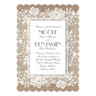 Rustic White Floral Lace Wedding Invitation with Burlap Background