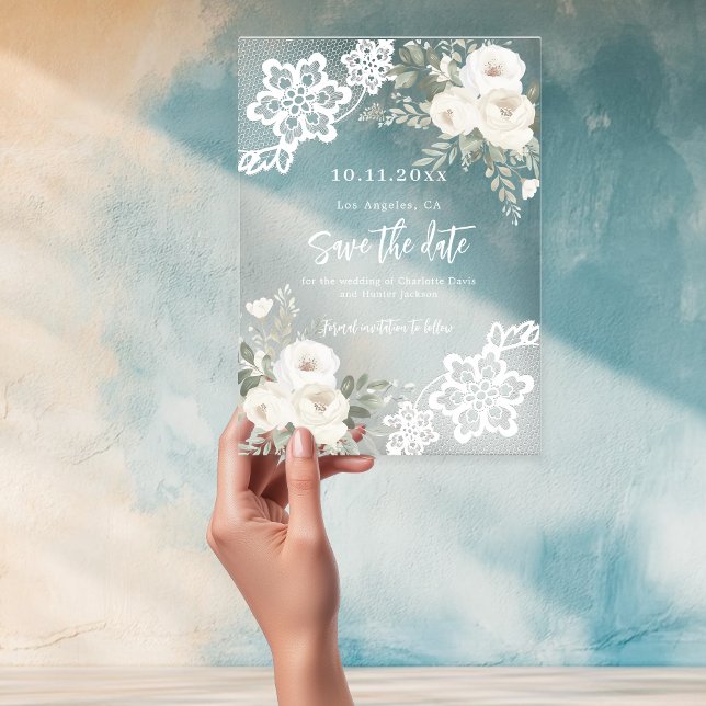 White floral lace wedding Save the Date card Acrylic Invitations (Creator Uploaded)