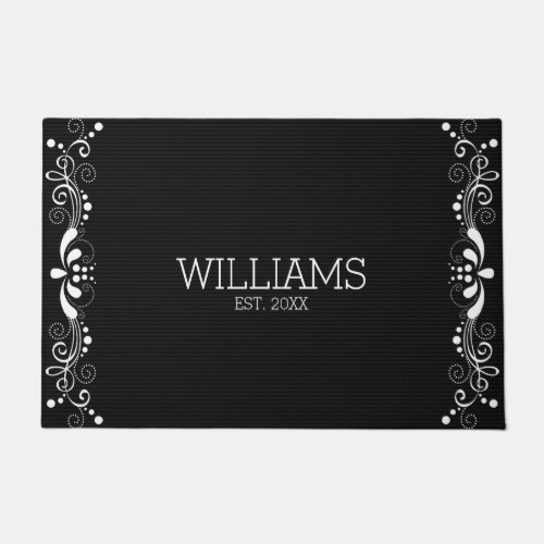 White Floral Lace With Black Texture Background Doormat