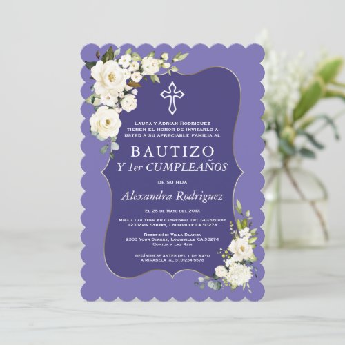White Floral Lavender Spanish 1st Birthday Baptism Invitation