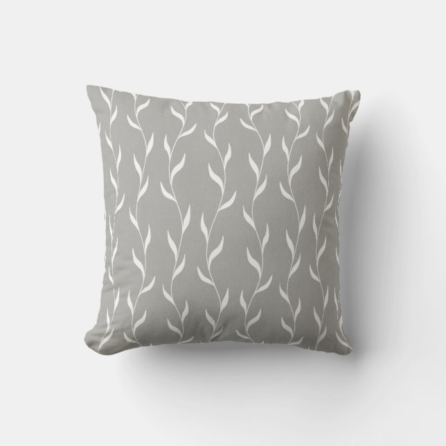 White Floral Leaves Botanical Pattern on Grey Throw Pillow (Front)
