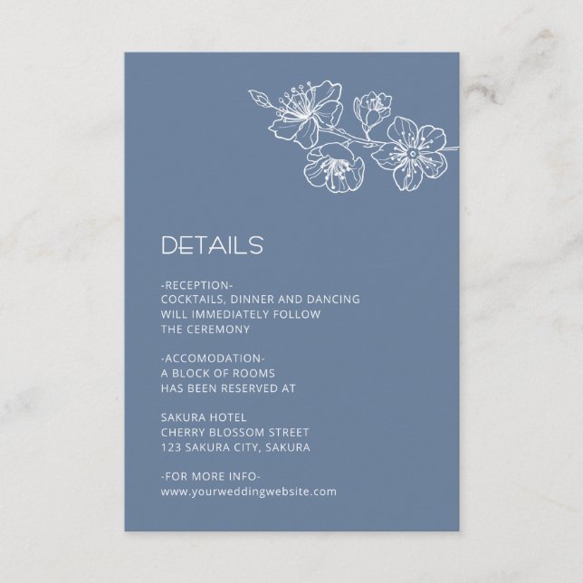 White Floral Line Art Dusty Blue Wedding Enclosure Card (Front)
