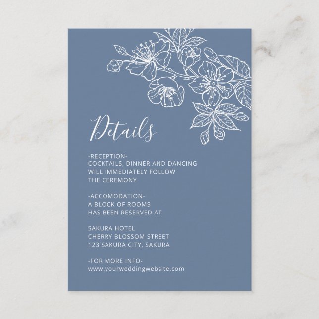 White Floral Line Art Dusty Blue Wedding Enclosure Card (Front)