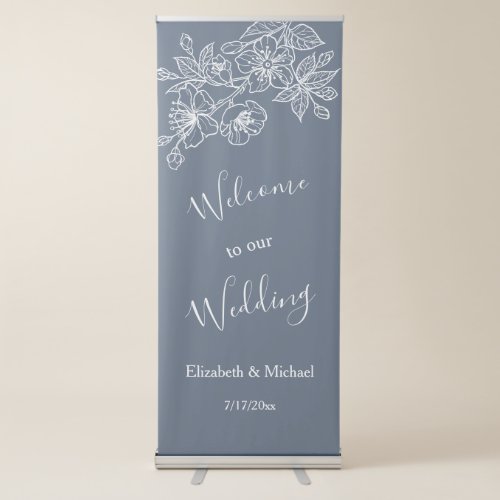 White Floral Line Art Dusty Blue  Wedding Welcome Retractable Banner