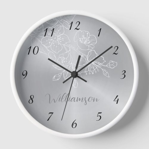White Floral Line Art Silver Monogram Clock