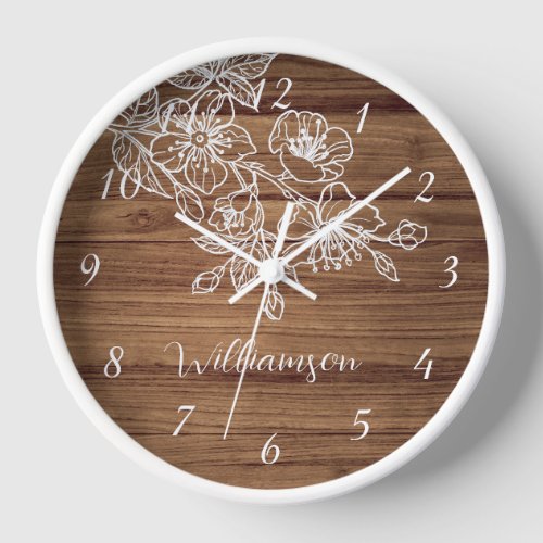 White Floral Line Art Wood Background Monogram Clock