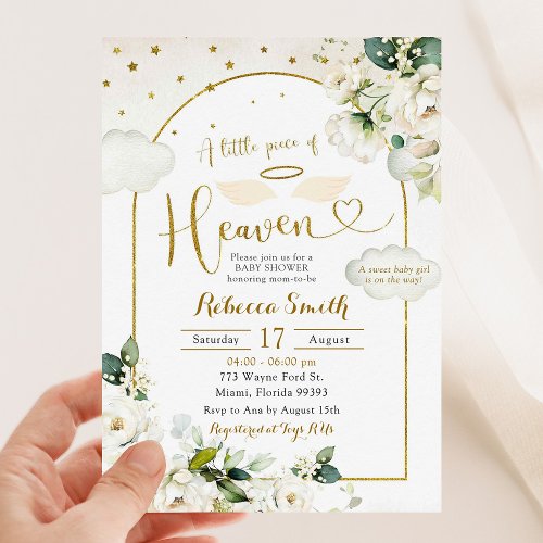 White Floral Little Piece of Heaven Baby Shower Invitation