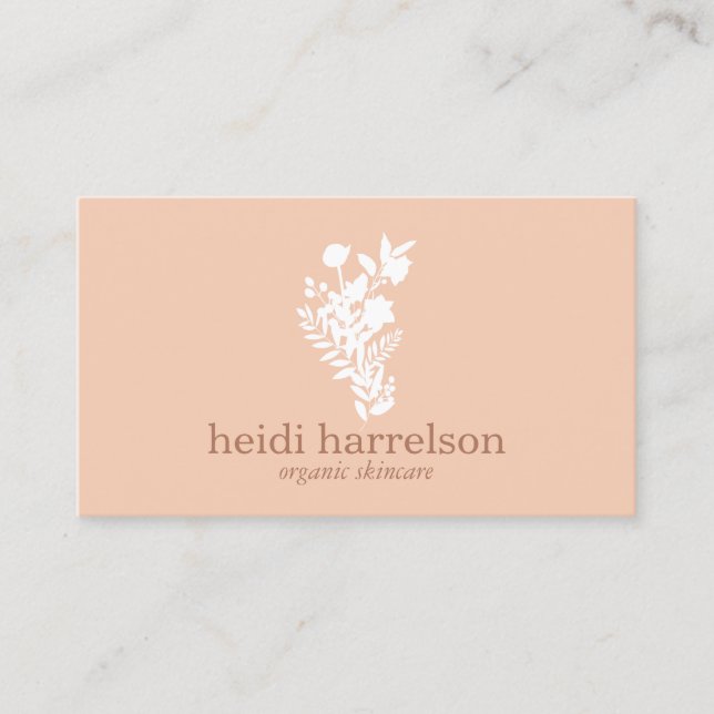 White Floral Logo on Peach Business Card (Front)