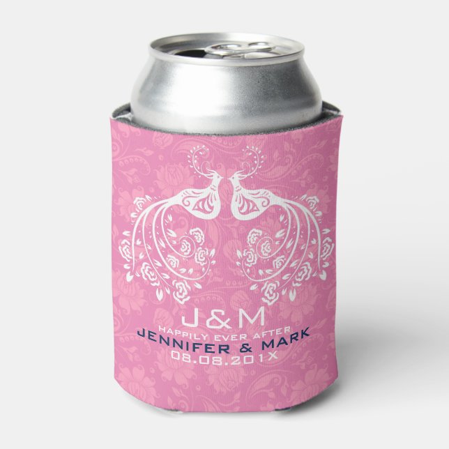 White Floral Love Birds Pink Damasks Background Can Cooler (Can Front)