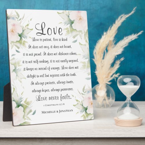 White Floral Love Never Fails Bible Verse Wedding Plaque
