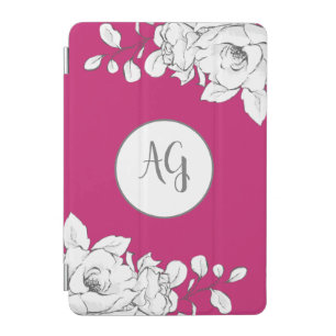 White Floral Magenta Monogram iPad Mini Cover