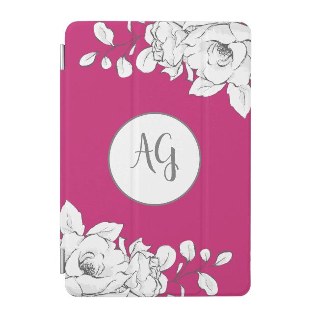  White Floral Magenta Monogram iPad Mini Cover (Front)