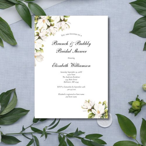 White Floral Magnolia Bridal Brunch Bubbly Shower Invitation