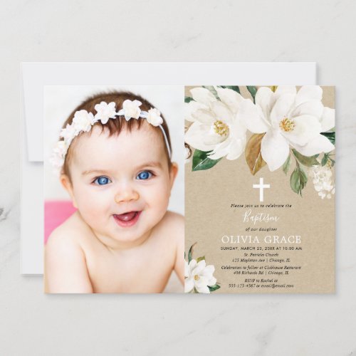 White floral magnolia gender neutral baptism photo invitation