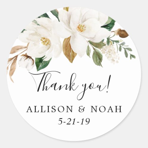 White floral magnolia greenery favor classic round sticker