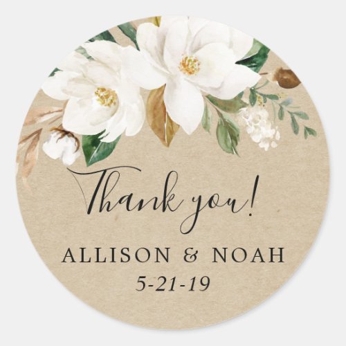 White floral magnolia greenery kraft favor classic round sticker