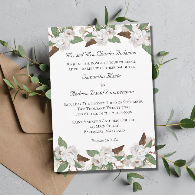 White Floral Magnolias Formal Elegant Wedding Invitation (Creator Uploaded)