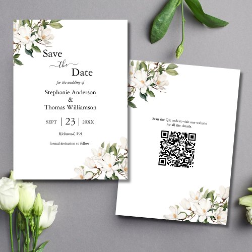 White Floral Magnolias Greenery QR code Wedding Save The Date