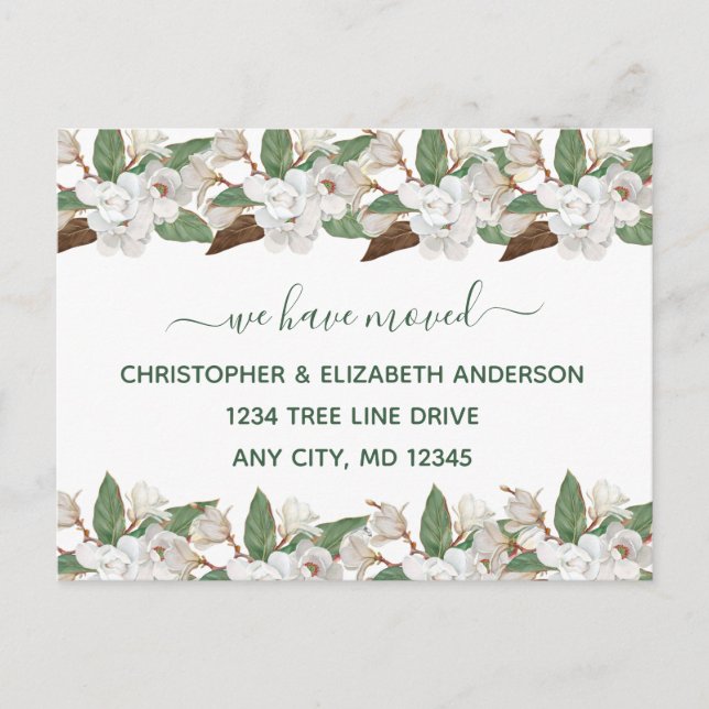 White Floral Magnolias Script Moving Announcement (Front)