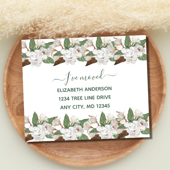 White Floral Magnolias Script Moving Announcement (White Magnolia Floral Moving Post card.)