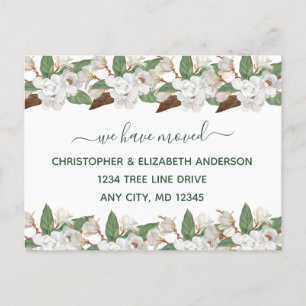 White Floral Magnolias Script Moving Announcement Postcard