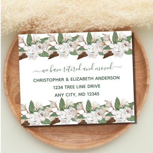 White Floral Magnolias Script Moving Retirement Announcement Postcard