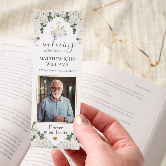 White Floral Male Photo Funeral Memorial Bookmark (Hand)