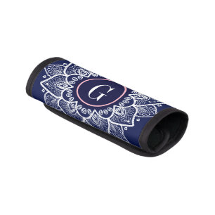 White Floral Mandala Dark Blue Background Luggage Handle Wrap