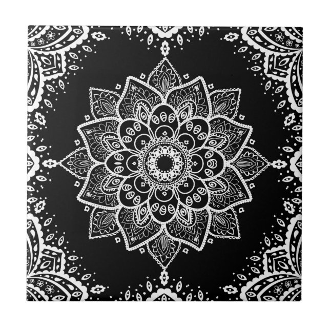 White Floral Mandala & White Frame On Black Ceramic Tile (Front)
