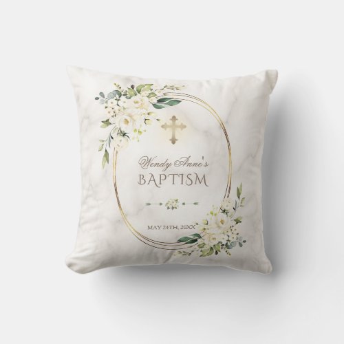 White Floral Marble Gold Cross Baptism Monogram Throw Pillow