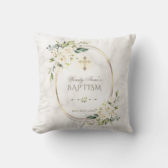 White Floral Marble Gold Cross Baptism Monogram Throw Pillow (Front)