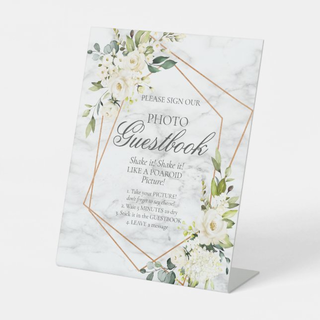 White Floral Marble Photo Guestbook Pedestal Sign (Front)