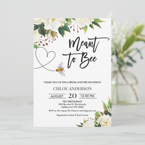 White Floral Meant to Bee Bridal Shower Invitation