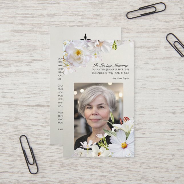 White Floral Memorial Card (Front/Back In Situ)