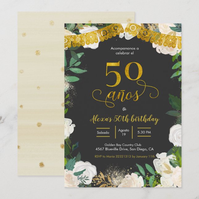 White Floral Mexican 50 años Invitation (Front/Back)