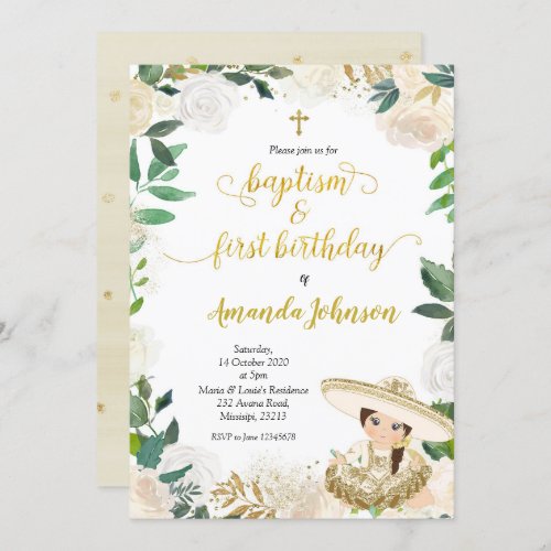 White Floral Mexican Baptism and First Birthday In Invitation