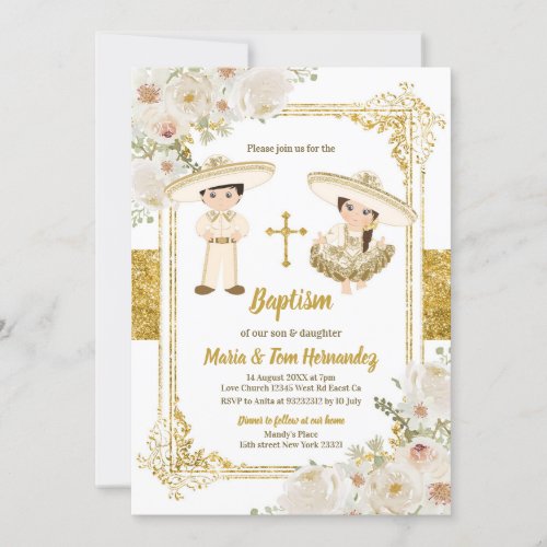 White Floral Mexican Baptism Fiesta Twin  Invitation