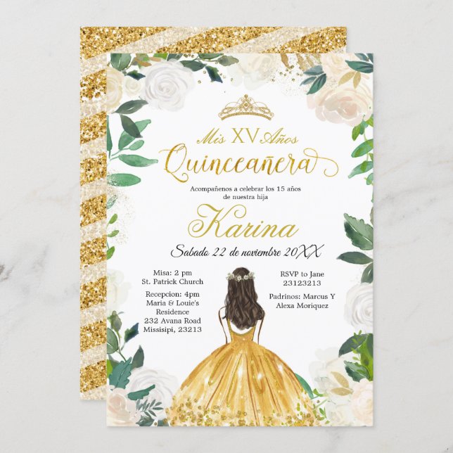 White Floral Mexican Gold Quinceanera Invitation (Front/Back)