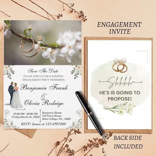 White Floral Minimalist Surprise Engagement Invite