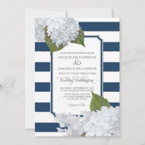 White Floral Modern Elegant Navy White Stripe Invitation