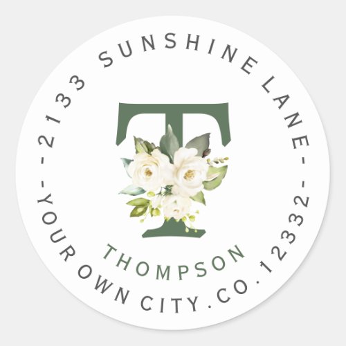 White Floral Monogram Circular Address Label