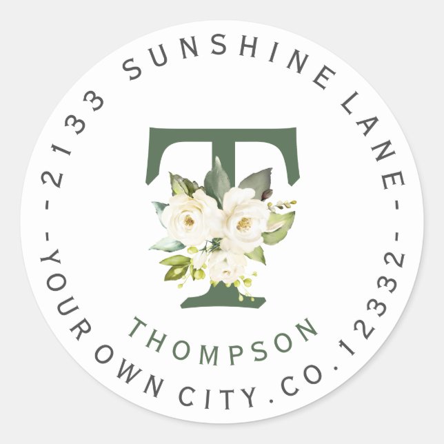 White Floral Monogram Circular Address Label (Front)