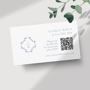 White Floral Monogram QR Code Wedding RSVP Enclosure Card
