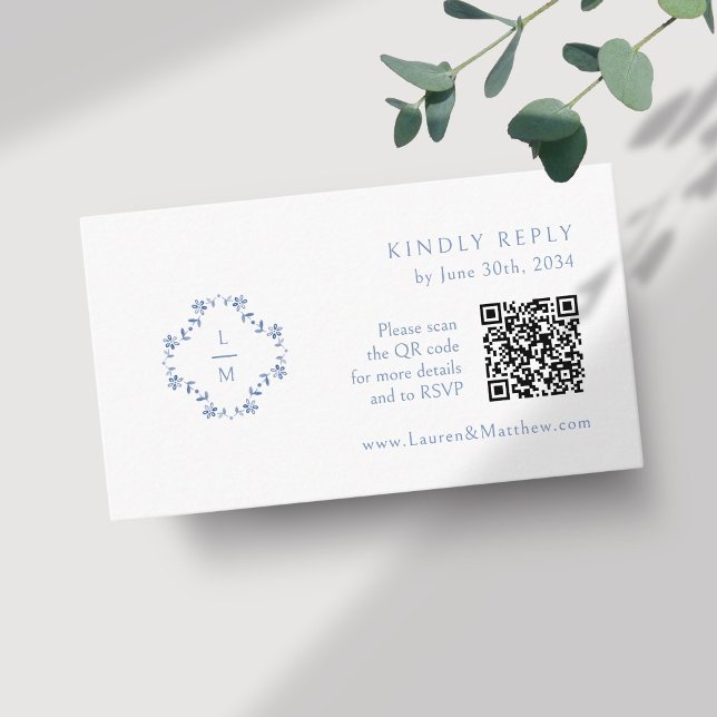 White | Floral Monogram QR Code Wedding RSVP Enclosure Card (Creator Uploaded)